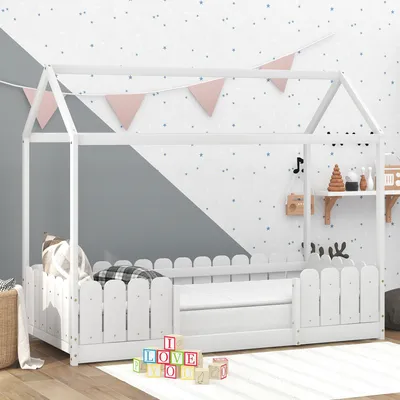 Produktbild von STILVORA Bettgestell 90x200 mit Rausfallschutz für Jugendliche und Kinder,Kinderbett mit Dach&Lattenrost,Holzbett in Hausform,Weiß(mit Matratze)
