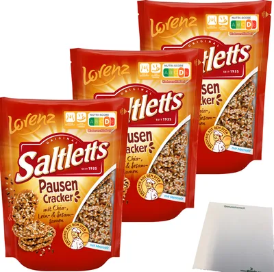 Produktbild von Lorenz Saltletts Pausen Cracker mit Chia-Lein und Sesam-Samen 3er Pack (3x100g Packung) + usy Block