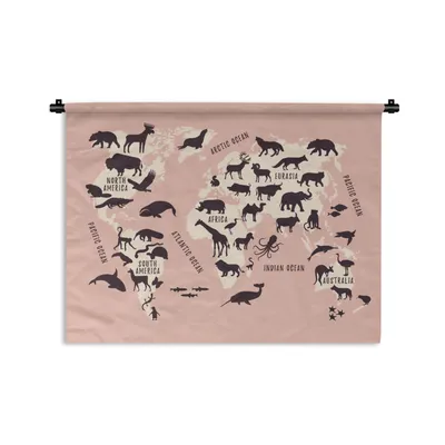 Produktbild von MuchoWow® Wandteppich Wandbehang Weltkarte - Tiere - Rosa 120x90 cm Tapisserie Dekoration Wandtuch - Wohnen - Aufhänger für die Wand