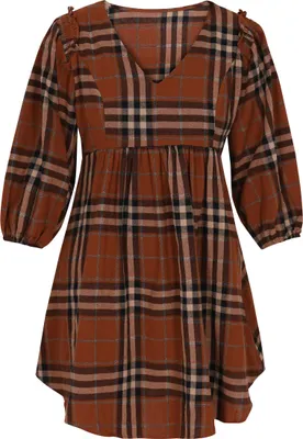 Produktbild von Damen Minikleid Karomuster Braun Größe M mit V-Ausschnitt, 3/4-Ärmeln und elastischen Bündchen