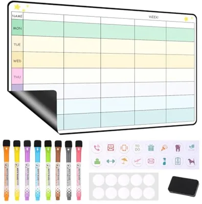Produktbild von PromoHome® Magnetischer Wochenplaner Whiteboard – 42x28 cm – Mit 8 Markern & Schwamm – Abwischbares Familien-Organisationsbrett