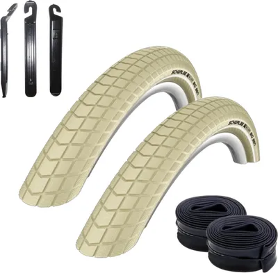 Produktbild von 2 x Schwalbe Big Ben Fahrradreifen Fahrradmantel mit Reflex in Creme 55-559 (26 x 2.15) + 2 Schwalbe Schläuche AV13 inkl. 3 Reifenheber