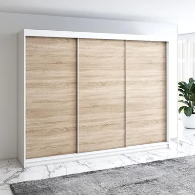 Produktbild von Schwebetürenschrank, 3-türig Schrank mit 4 Schubladen! Moderne Garderobe für Kleidung. Verschiedene Farben (Weiß, Schwarz, Somona) Kleiderschrank  MERO 200 cm