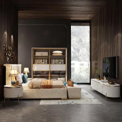Image de Ensemble chambre à coucher complète lit armoire table de nuit miroir armoire 6 pcs. Nouveau