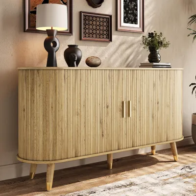 Produktbild von Sideboard mit vertikaler Maserung, zwei Schiebetüren, zwei Schubladen, Massivholzbeinen und abgerundetem Eckschrank