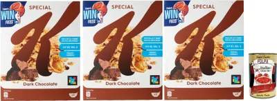 Produktbild von Special K Dark Chocolate, Cereals Dunkle Schokolade Reisflocken Vollkorn Weizen und Gerste mit Vitaminen und Mineralstoffen mit Schokoladenlocken 3x 290g Getreideflocken + Italian Gourmet polpa 400g