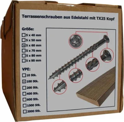 Obrázek produktu pro Šroub do palubek z nerezové oceli s hlavou Torx, rozměr 5 x 60 mm, množství 100 kusů (balení po 100 kusech)
