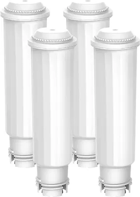 Four white water filter cartridges arranged in a slight arc against a white background.