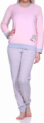 Produktbild von Damen Frottee Pyjama langarm mit Bündchen und niedlicher Pinguin Stickerei - 291 13 779 ; Ringel klein rosa , 36