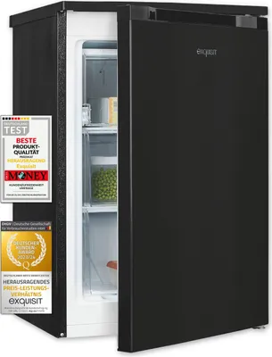 A black Exquisit freezer with its door slightly ajar, revealing shelves and food items inside. It is positioned on a white background with promotional badges on the left side.