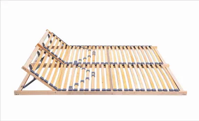 A wooden bed frame slatted base, adjustable at the head.