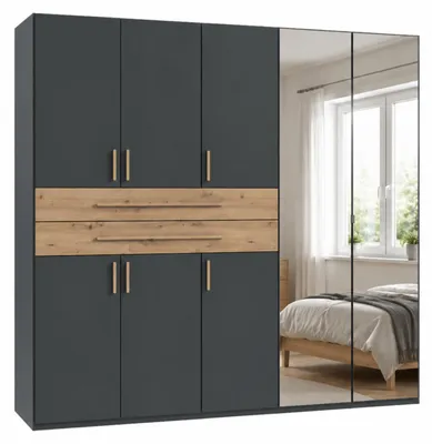 Produktbild von Drehtürenschrank Kleiderschrank 225 cm Grafit Spiegel Schubkästen Eiche Artisan / 22637