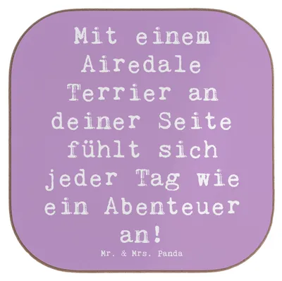 Produktbild von Mr. & Mrs. Panda Flaschenuntersetzer Spruch Airedale Terrier Abenteuer - Lavendeltraum - Geschenk, Hunderasse, Hunderassen Charakter, Pflege, Untersetzer für Gläser