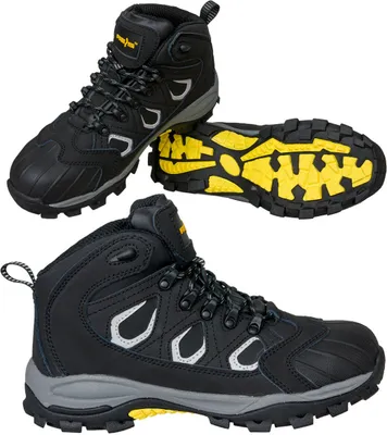 A collage of black work boots with yellow accents on the soles.