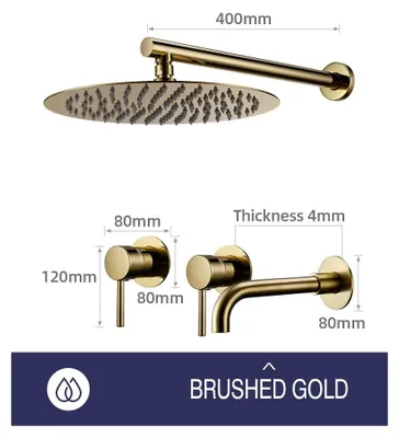 Produktbild von Regendusche Duschset - Duscharmatur mit Auslauf - Runder Duschkopf 30 cm - Verchromtes Messing - Keramikkartusche - 2-Wege-Umschalter - Gebürstetes Gold