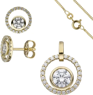 Produktbild von Schmuck-Set aus 333 Gold Gelbgold mit Zirkonia Ohrstecker Anhänger Kette 42cm