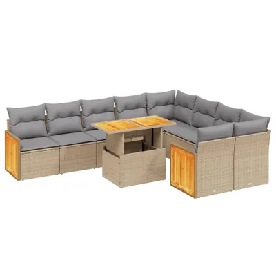 Produktbild von Modulares Garten-Sofaset, 10-teilig, mit verstellbarem Tisch, PE-Rattan Beige, UV-beständig, abnehmbare Kissen Hellgrau