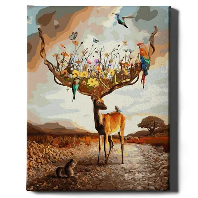 Obrázok produktu pre Ach, umenie! - Súprava na maľovanie podľa čísel - 40x50cm, s dreveným rámom a štetcami "Jelen a kvety"