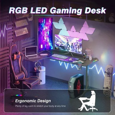 Zdjęcie produktu dla Biurko narożne w kształcie litery L, 150 cm, do gier, z podświetleniem LED