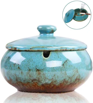 Produktbild von Chinesischer Wind-Aschenbecher Zigarre mit Deckel Retro für Draußen Keramik Bunt mit Deckel, sturmaschenbecher aus Keramik mit Deckel (Blau)