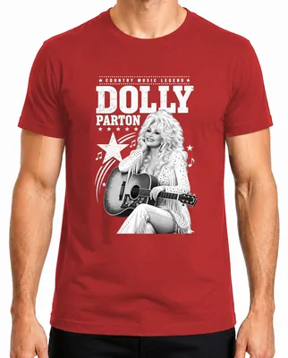 Immagine prodotto di Maglietta da uomo, stile western, con la scritta "Dolly Parton", leggenda della musica country, e un'immagine di una chitarra acustica. Colore: rosso. Taglia: S