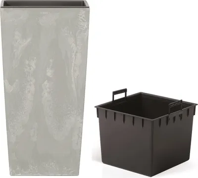 A tall, square planter and a separate black insert are shown against a white background.