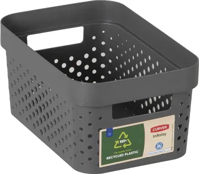 A gray storage basket with holes on a white background.