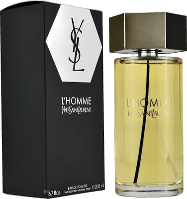 A product shot of Yves Saint Laurent L'Homme EDT spray and its packaging.