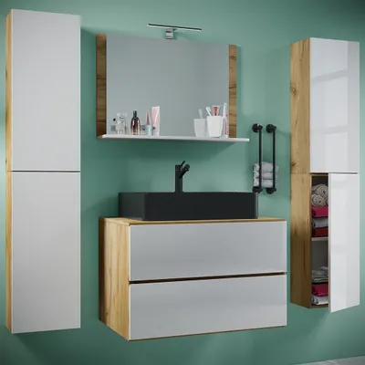 Produktbild von VCM 5-tlg. Waschplatz Waschtisch | schwarzes Waschbecken Unterschrank Breite 60 cm | Badmöbel Set mit Schubladen Drehtüren Spiegel | Lendas S BL