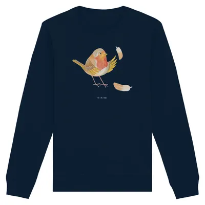 Produktbild von Mr. & Mrs. Panda Baumwoll Pullover Rotkehlchen Federn Größe XL - French Navy - Geschenk, Pulli, Sweatshirt, Bio, Motivation Sprüche, Lustige, Spruch, Vogel, Mut, fliegen