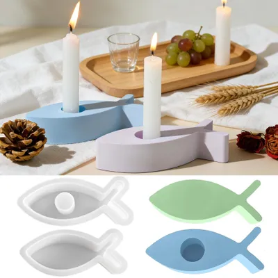 Produktbild von Silikonform für einen Fisch, Form für einen Kerzenhalter, selbstgemachter fischförmiger Kerzenhalter, Form für einen Tauffisch, Silikonform für Kommunionsdekorationen, Seife, Kuchen, Partys, Osterdekorationen