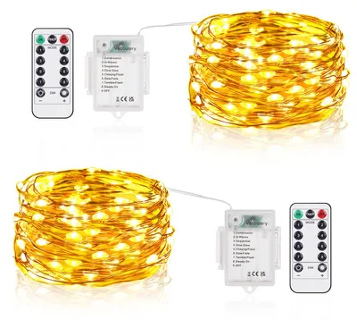 LED-Lichterkette 5 m, 50 LEDs, warmweiß, 2er Pack, batteriebetrieben