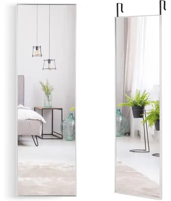 Obrázek produktu pro Zrcadlo na zeď, rozměry 120 x 37 cm, celotělové zrcadlo s kovovým rámem a háčky, barva stříbrná