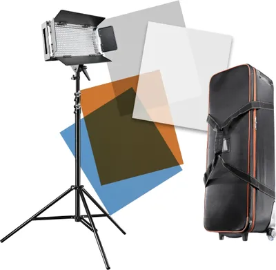 Produktbild von Walimex pro LED 500 Artdirector dimmbar Tageslicht Flächenleuchte Set mit WT-806 Lampenstativ Filterset Transporttasche 5600 K für Foto Video und Studioaufnahmen