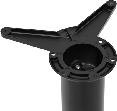A close-up view of the top of a black table leg with a mounting bracket.