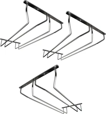 Three metal wine glass racks mounted on a white background.