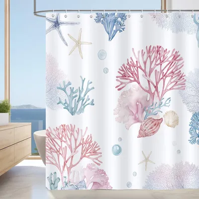 Produktbild von Duschvorhang in Ozeanblau, Korallenrot und Rosa, 180 x 180 cm, schimmelresistentes Polyester mit 12 Haken