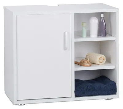 Zdjęcie produktu dla Szafka podumywalkowa z drzwiami i wnęką na syfon - Biała - 51 x 60 x 32 cm - Łazienkowa szafka pod umywalkę z półkami