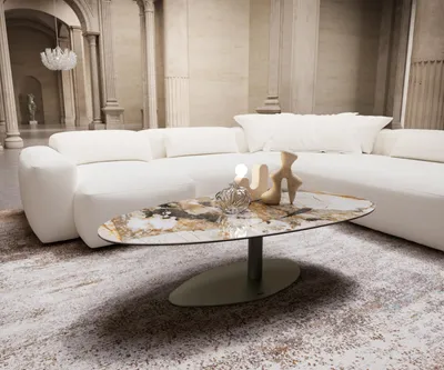 Produktbild von DELIFE Couchtisch Edge Oval 140x75 cm Keramik Patagonia Poliert Vibany Metall Effektfinish Titan