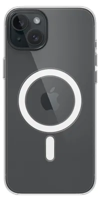 A clear, professional shot of the back of a transparent phone case with a MagSafe ring and Apple logo visible.