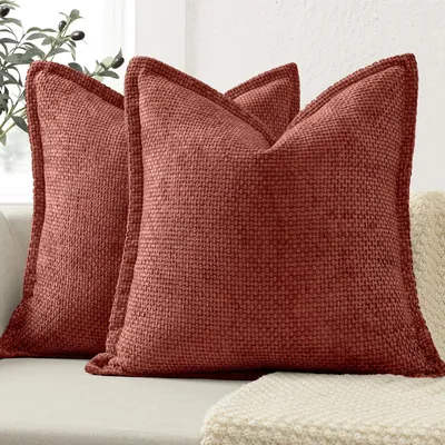 Productafbeelding van Set van 2 Kussenhoezen 45x45 CM met Decoratieve Rand, Levendig oranje Chenille Kussenhoezen, Sierkussens voor Bank, Bed en Woonkamer, Woondecoratie