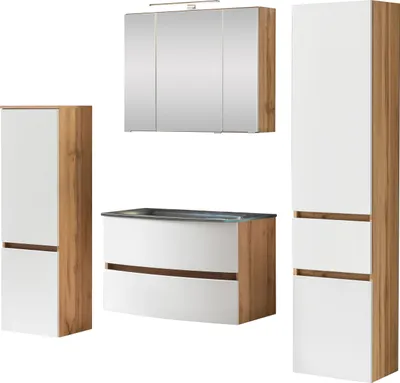 Produktbild von Waschtisch-Set Badezimmer Bad-Set "Kopenhagen X" Wotaneiche, Matt Weiß