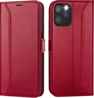 A red flip case for an iPhone 12 / 12 Pro is shown.