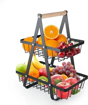 Produktbild von Obstkorb mit 2 Ebenen - Obstschale mit Etageren - Aufbewahrungslösung für die Küche - Abnehmbarer Griff - 35 x 195 cm - Schwarz