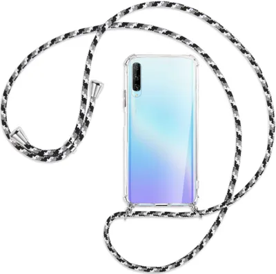 Produktbild von Handykette Backcover-Schutzhülle mit Band (Metall silberfarben) für Huawei P Smart Pro 2019 - schwarz/grau/weiß