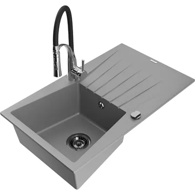 Obrázek produktu pro Mexen Cesar 1-miskový granitový dřez s odkapávačem a kuchyňskou baterií Aster, Šedá - 6514-71-73450-07-B