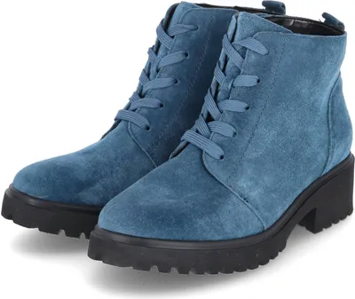 A pair of blue suede lace-up boots with black soles and heels, presented on a white background.