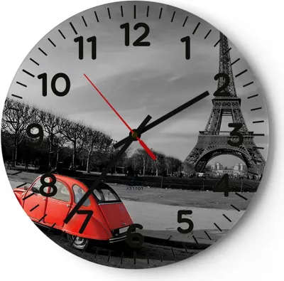 Produktbild von Wanduhr - Rund - Glasuhr - Auto Eiffle Kultur Architektur - 30x30cm - Schleichendes Uhrwerk - Lautlos - zum Aufhängen bereit - Dekoration Modern - Wanddekoration aus Glas - C4AR30x30-2655