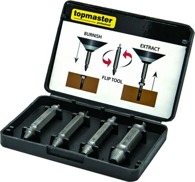 Immagine prodotto di Set 4 estrattori per rimozione viti e bulloni danneggiati , kit attrezzi di rimozione con doppia punta per trapano, estrattori, in lega di acciaio, Topmaster