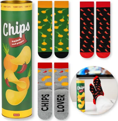 Produktbild von Lustige Baumwollsocken von SOXO - Herrensocken in der Tube mit Chips-Motiv - Größe 40-45 - Geburtstagsgeschenk - Geschenk für den Freund